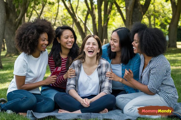 a diverse group of mothers laughing together in a park-self care for moms