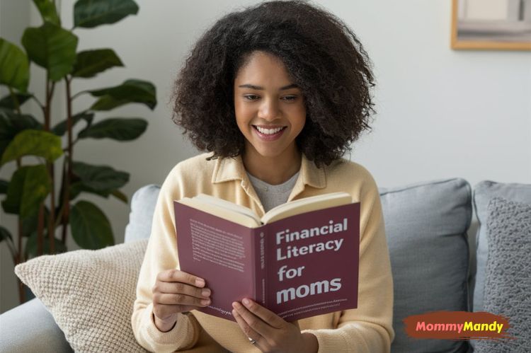  a mother reading a book titled "Financial Literacy for Moms