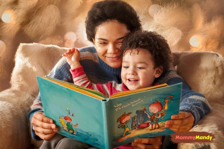 a parent and child cuddled up on a couch, reading a picture book together